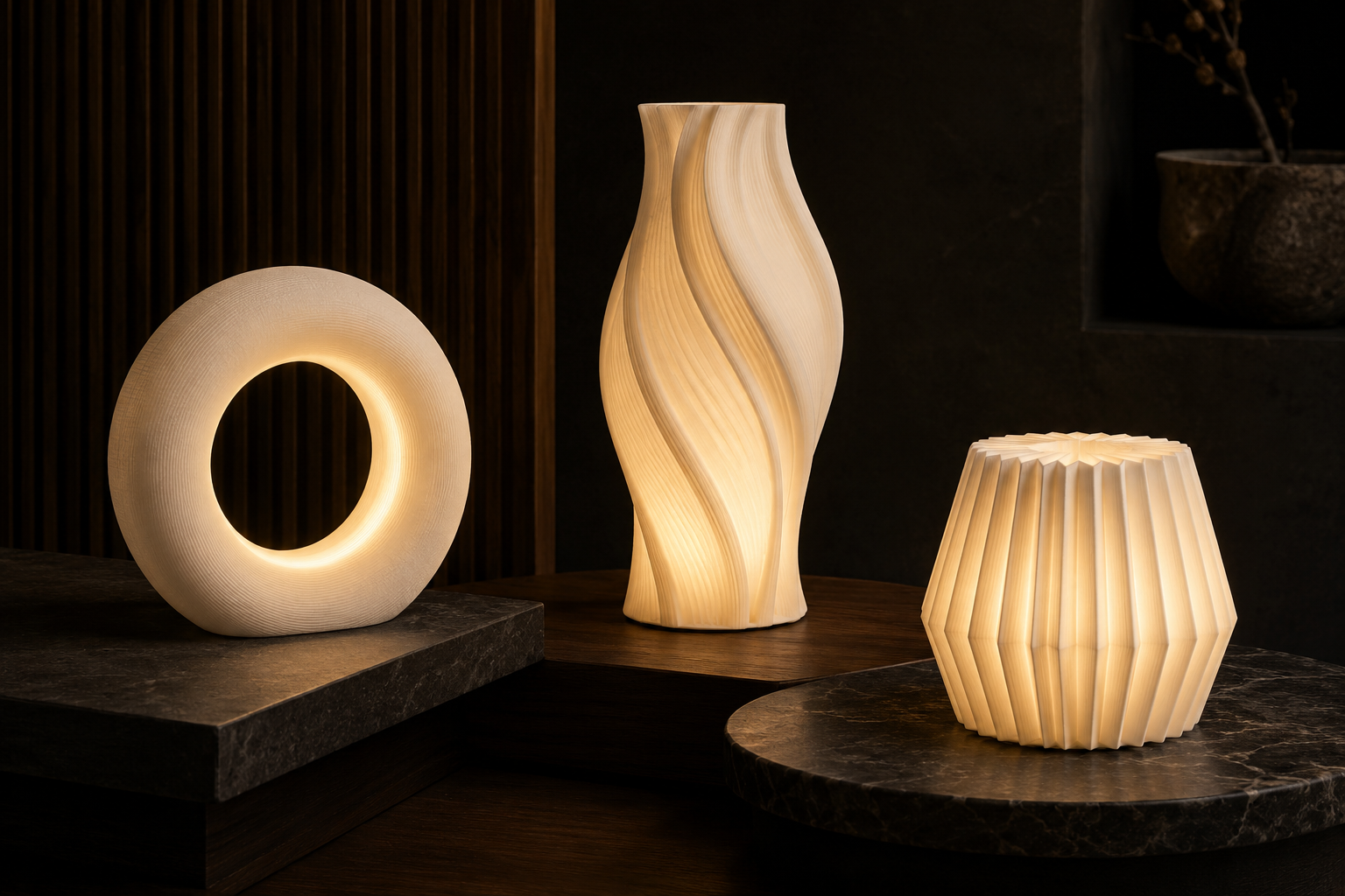 Three warm sculptural lamps: a ring, a flowing column, and a compact pleated lamp